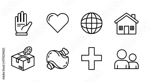 Minimalist icons: global, home, health, community, eco-friendly, and food