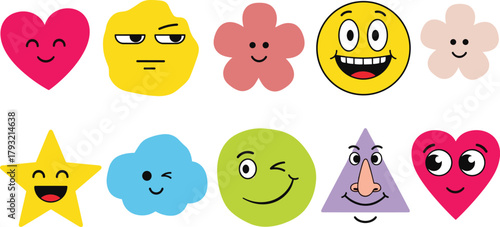 Colorful vector illustration of assorted abstract shape characters with happy, winking, and smiling faces, expressing different emotions