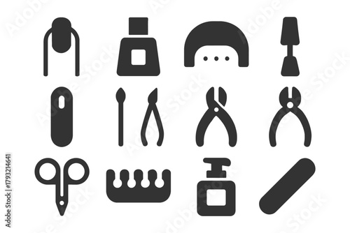 Manicure tools set: nail polish, clippers, scissors, cuticle care icons.
