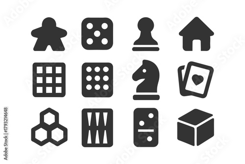 Board game icons set featuring dice, chess, and card symbols.