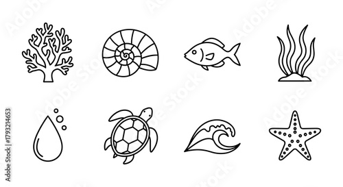 Simple ocean life icons: marine creatures and elements in linear style