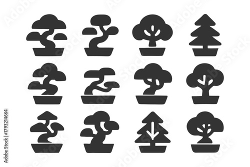 Black tree silhouette icons: diverse bonsai and evergreen designs in square planters.