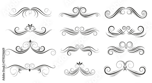 A collection of ornate decorative flourishes and vintage dividers suitable for elegant design projects.