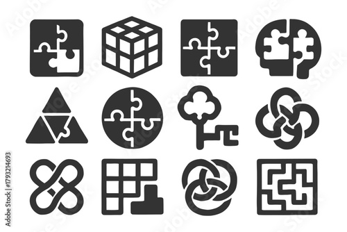 Collection of puzzle icons featuring geometric and abstract designs for creative problem solving.