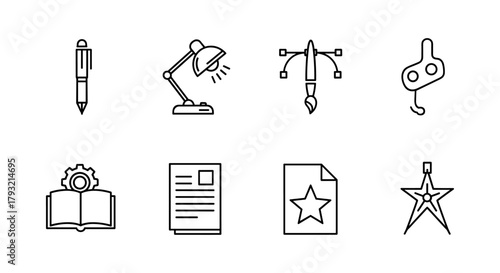 Essential design tools icons: pencil, lamp, drawing tool, and more in linear style