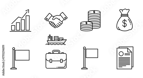 Business icons set: growth graph, handshake, coins, money bag, shipping, flag, briefcase, documents