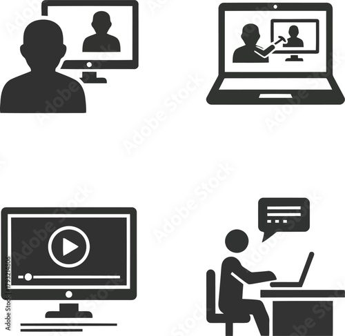 Online education, remote work, video conferencing & e-learning flat vector icons