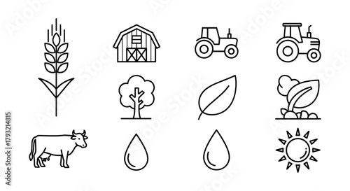 Agriculture icons: minimalist farm silhouette set with tractor, barn, and nature elements