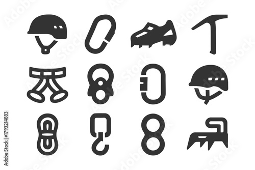 Climbing gear icons set: helmet, carabiner, crampons, ice axe, harness, rope.