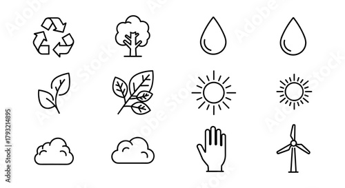 Eco line icons set featuring nature elements like sun, tree, and wind