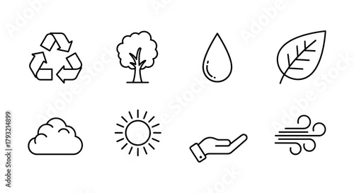 Eco-friendly icons set: nature, sustainability, and environment conservation symbols