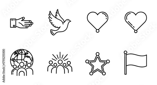 Minimalist icons of peace, unity, and global community in line art style