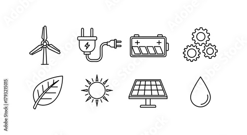 Clean energy icons: wind, solar, and sustainable power symbols in linear style