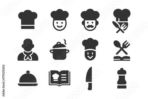 Chef icons set: cooking, utensils, and culinary symbols.