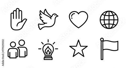 Minimalist outline icons: peace, love, global unity and innovation