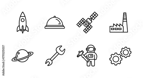 Space themed linear icons: rocket, astronaut, satellite, factory, tools, planet