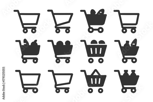 Silhouette shopping cart icons collection - various filled and empty designs.
