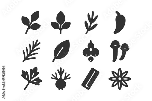 Collection of herbal and spice icons featuring various plant and leaf silhouettes.