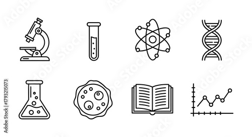 Science and education icon set featuring microscope, dna, atom, and book in linear style