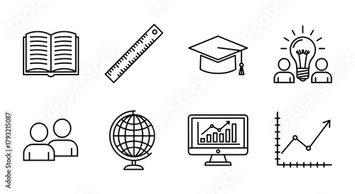 Education icons: learning tools, graduation cap, light bulb, and graphs in linear style