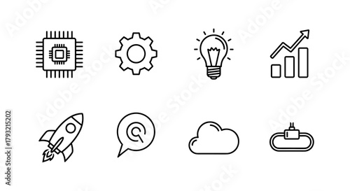 Technology and innovation icons: ai, lightbulb, gear, cloud, and more in minimalistic linear style