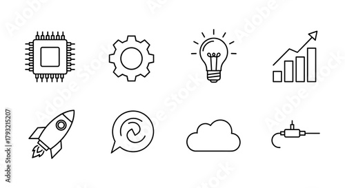 Minimalist linear technology icons set featuring innovation and growth elements