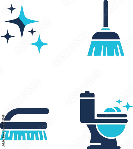 Cleaning service icons: broom, brush, toilet, sparkles. household hygiene sanitation vector set