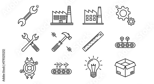 Linear set of industrial and manufacturing icons for engineering and production