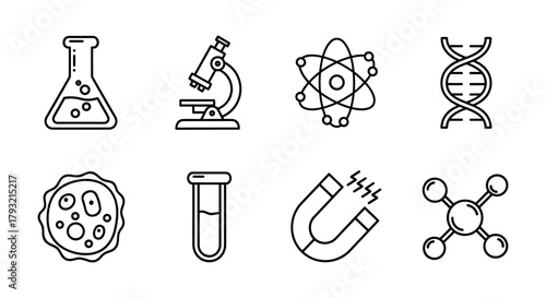 Science icons: chemistry, biology, and physics line art collection