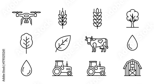 Agricultural line icons: drones, tractors, crops, and more for modern farming designs
