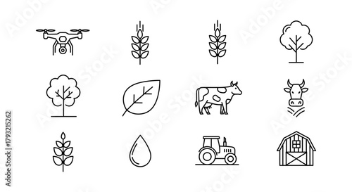 Modern farming icons: drone, crops, barn, tractor, animals in linear style collection