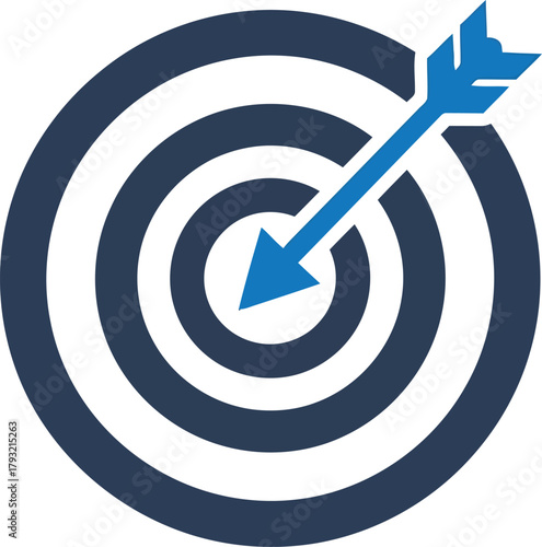 Target icon with blue arrow hitting bullseye - success, goals, business strategy