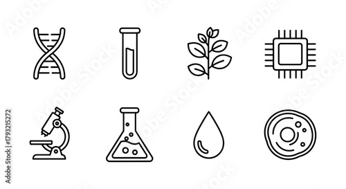 Scientific icon set featuring biology, chemistry, and technology elements