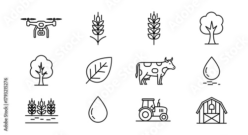 Minimalist agriculture icons featuring drone, crops, tractor, barn, and trees