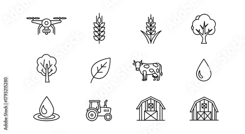 Farm and agriculture icons in linear style: drone, crops, barn, tractor, and more