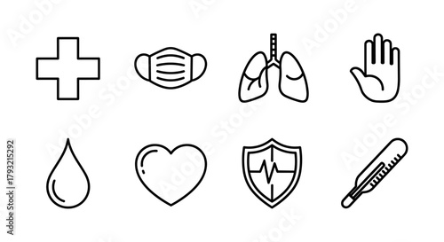 Linear medical icons: cross, mask, lungs, hand, drop, heart, shield, thermometer