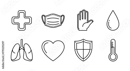 Essential health icons set: mask, heart, lungs, and more in linear style