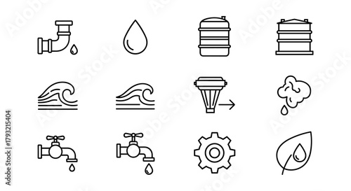 Water supply and treatment icon set: pipes, tanks, filtration, conservation