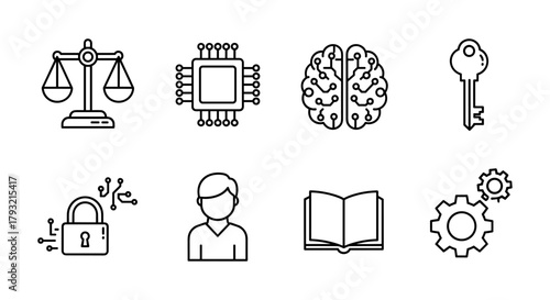 Minimalist linear icons: technology, law, brain, security, and learning concepts