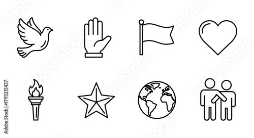 Minimalist set of peace and unity icons with dove, globe, and heart