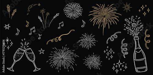 Festive Celebration Elements Fireworks, Champagne, and Musical Notes on a Dark Background