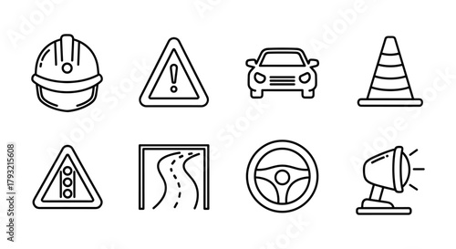 Black and white linear icons of road safety and construction elements