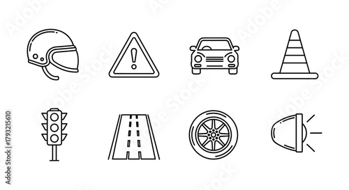 Linear traffic icons set: helmet, warning sign, car, cone, traffic light, road, tire, headlight