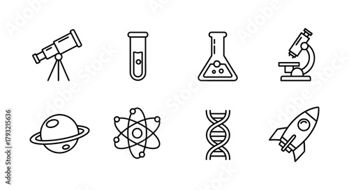 Simple line icons of science and space: telescope, microscope, dna, rocket
