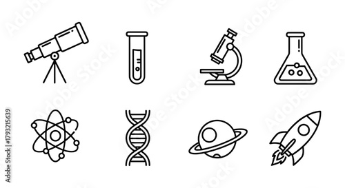Set of eight science icons: telescope, test tube, microscope, flask, atom, dna, planet, rocket - linear style