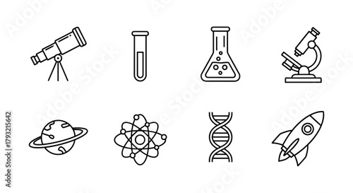 Science exploration icons: telescope, test tubes, microscope, rocket