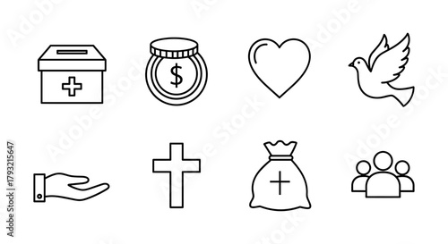 Minimalist charity icons: heart, donation, peace, and community symbols