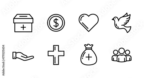 Minimalist charity icon set: donation, support, community symbols in outline style