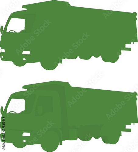 Green silhouette dump truck vector illustration showing two side views of construction vehicle 