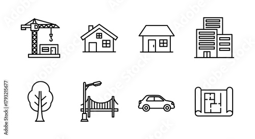 Linear icons of construction and urban elements: crane, house, tree, car, lamp, bridge, blueprint